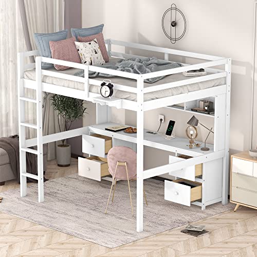 Full Size Loft Bed with L-Shaped Desk, Wardrobe and Storage Shelves, Solid Wood Bedframe w/Safety Guardrails & Ladder for Kids Teens Adults