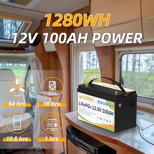 FLLYROWER 12V Lithium Battery 100AH With BMS and 16500 Deep Cycles 12V 100AH Lifepo4 Battery Grade A Cells for Marine Trolling Motor RV camping Solar