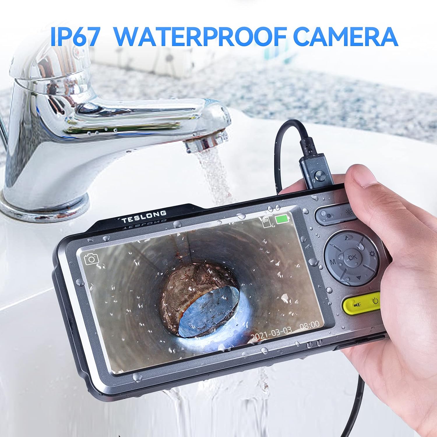 Triple Lens Endoscope, Teslong Borescope Inspection Camera with 5'' Screen, Waterproof Home Snake Scope Camera