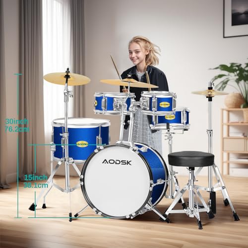 AODSK Kid Drum Sets 5-Piece for Beginners, 14 inch Full Size Complete Drum Kit with Adjustable Throne, Cymbal, Hi-Hat, Pedal & Drumstick, Black