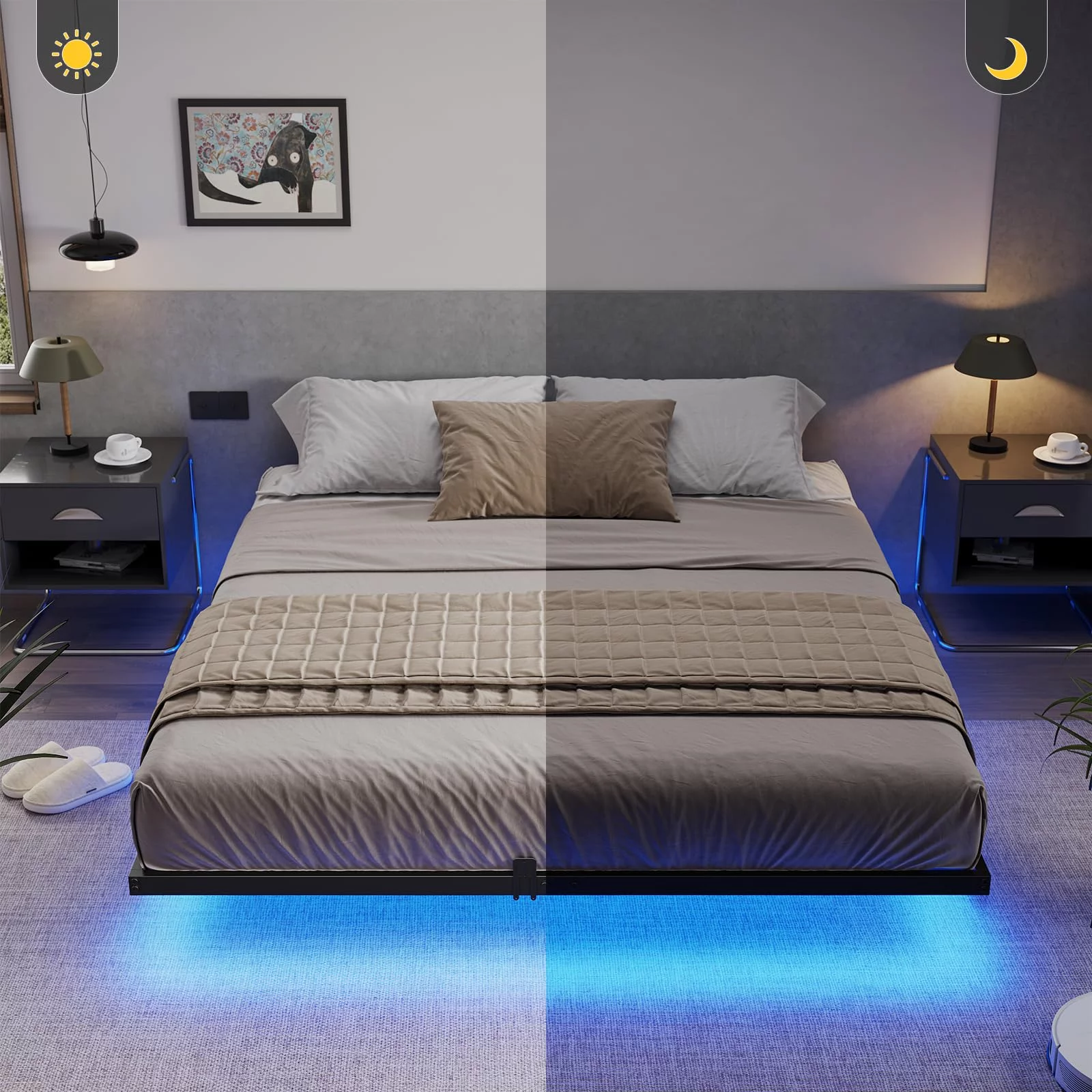 Queen Size Floating Bed Frame with LED Lights, Black Metal Platform Bed, No Box Spring Needed, Easy to Assemble