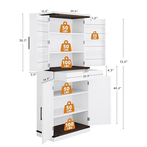72" Tall Storage Cabinet, Kitchen Pantry Cabinet with Adjustable Shelves & Sturdy Steel Frame, Farmhouse Pantry Storage with 4 Barn Doors for Kitchen