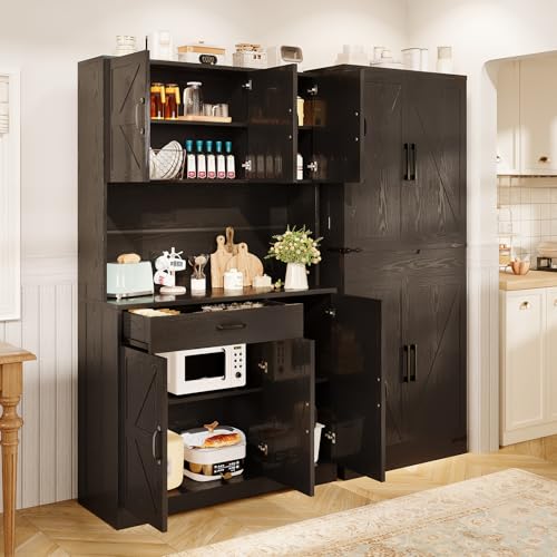 72" Tall Storage Cabinet, Kitchen Pantry Cabinet with Adjustable Shelves & Sturdy Steel Frame, Farmhouse Pantry Storage with 4 Barn Doors for Kitchen
