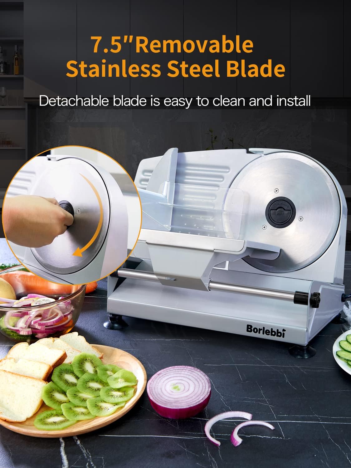 Meat Slicer, 200W Electric Food Slicer with 2 Removable 7.5" Stainless Steel Blades and Stainless Steel Tray, Child Lock Protection