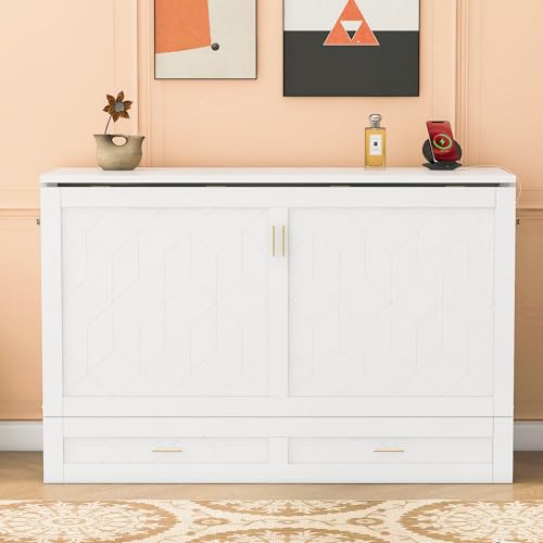 Harper & Bright Designs Queen Size Murphy Wall Bed, Chest Cube Cabinet With USB, Charging Station and Large Storage Drawer for Home Office