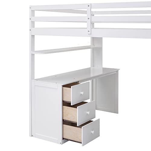 Harper & Bright Designs Full Size Loft Bed with Desk and Wardrobe, Solid Wood Loft Bed Frame with Storage Drawers, for Kids Teens Adults (White)
