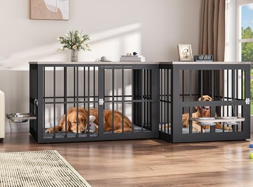 YITAHOME 88.6" Large Corner Dog Crate Furniture for 2 Dogs, Large Wooden Dog Kennel with Dog Bowls & 3 Doors