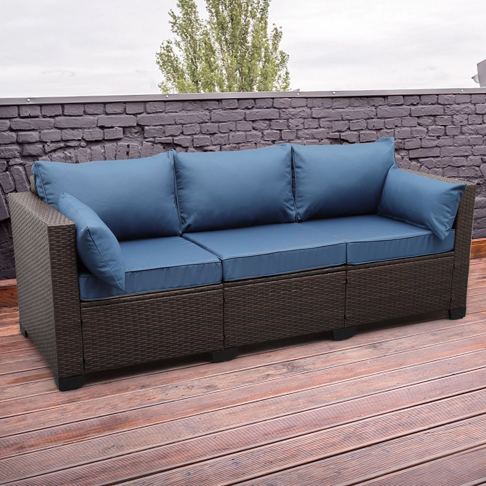 3-Seat Patio Wicker Sofa Outdoor Rattan Couch Furniture Steel Frame with High Back NO-Slip Cushioned, Blue - Radiant Selections