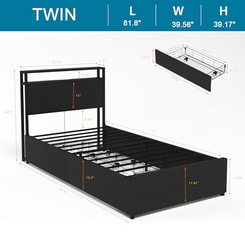 Full Size Bed Frame with Headboard, LED Platform Bed with 4 Storage Drawers, Built in Charging Station, Noise-Free, Metal Support Base