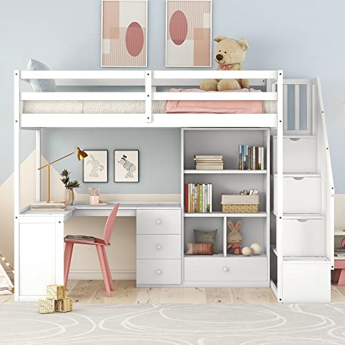 Harper & Bright Designs Twin Size Loft Bed with L-Shaped Desk and Stairs, Solid Wood Loft Bed Frame with Storage Drawers and Bookcase