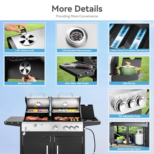 3 Burner Propane Gas and Charcoal Grill Combo with Side Burner & Porcelain-Enameled Cast Iron Grates, 37