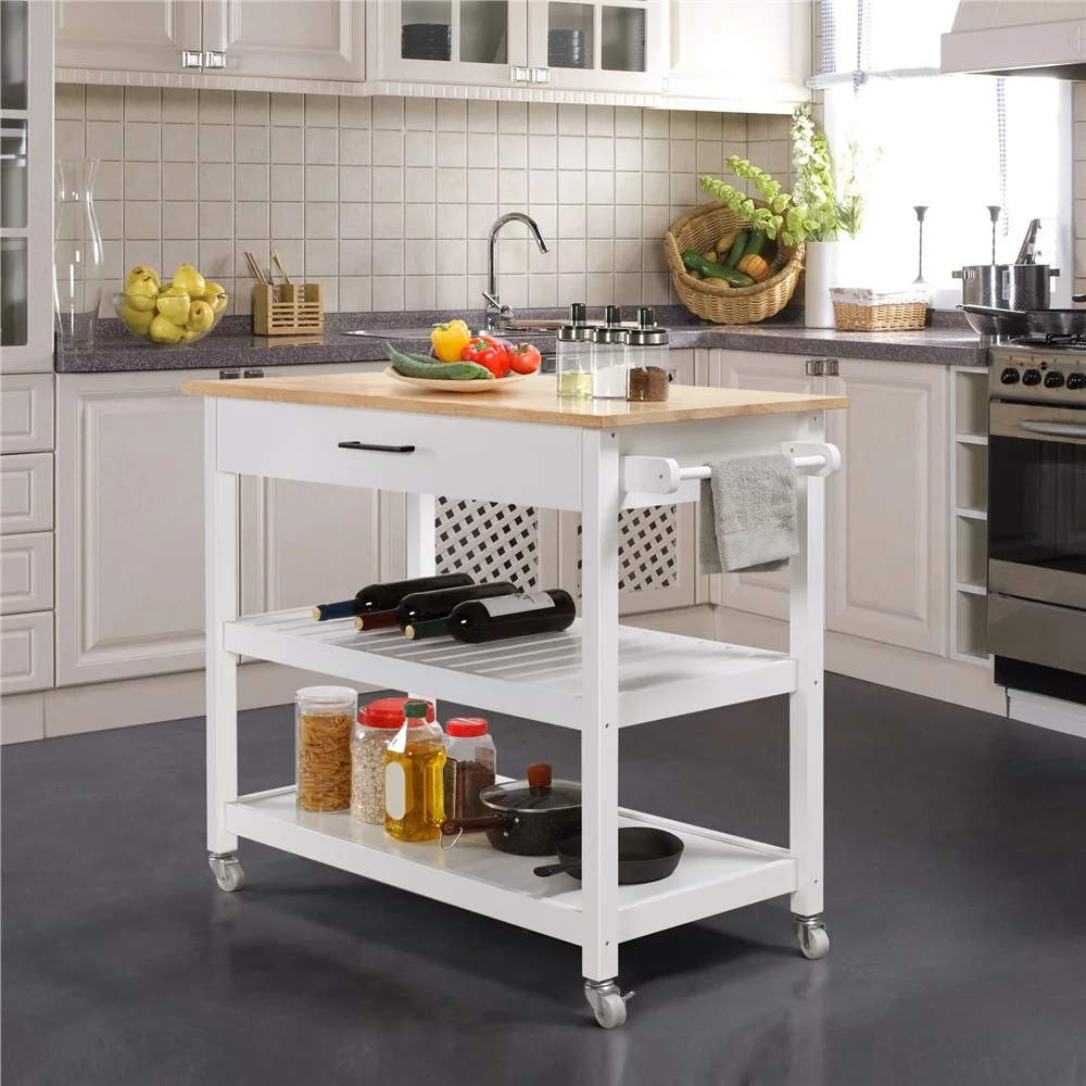 Topeakmart Kitchen Island Cart with Wheels Storage Drawer Solid Wood Countertop, White