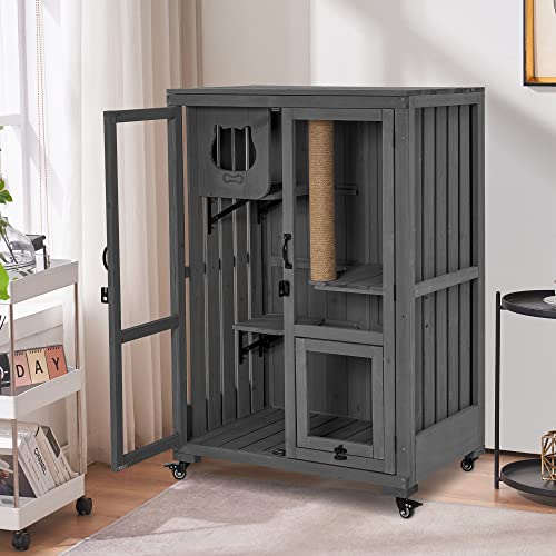 MCombo Luxury Cat House with Scratching Post, Wooden Multi Feature Large Cat Condo with Escape Door and Wheels