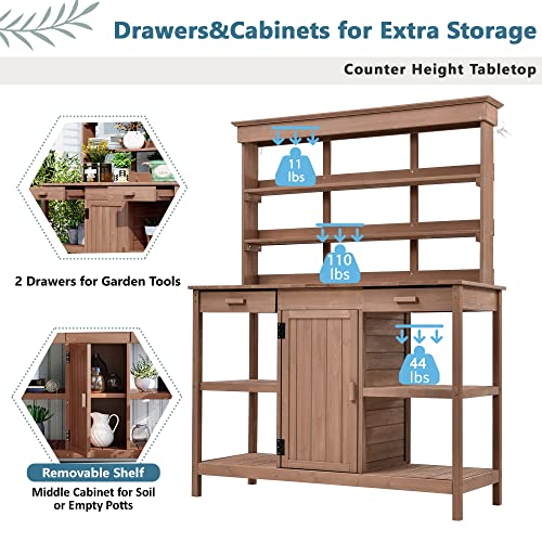 Merax 66" Large Outdoor Farmhouse Wooden Potting Bench Table, Garden Workstation with 2 Drawers, Cabinet, and Open Shelves for Backyard, Mudroom