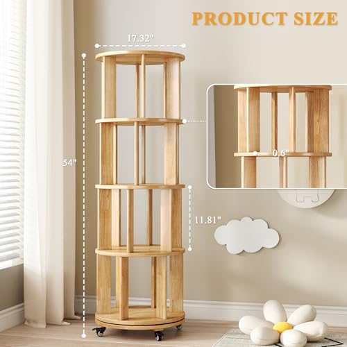 6 Tier Rotating Bookshelf Tower Spinning Bookshelf with Swivel Wheels Book Shelf Rotating Storage Tower for Kids Adult Narrow Walnut Solid Wood