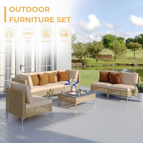 Grand patio 7-Piece Wicker Patio Furniture Set, Boho Outdoor Conversation Set Sectional Sofa with Water Resistant Thick Cushions and Coffee Table