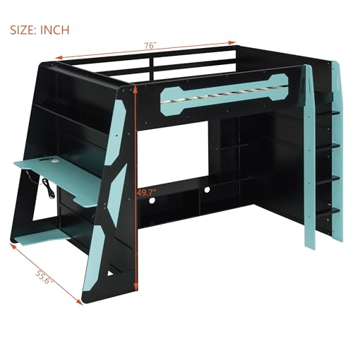 Modern Full Size Gaming Loft Bed with Built-in Desk and Storage Wardrobe, Wood Loft Bed Frame with Light Strip and 2 Drawers