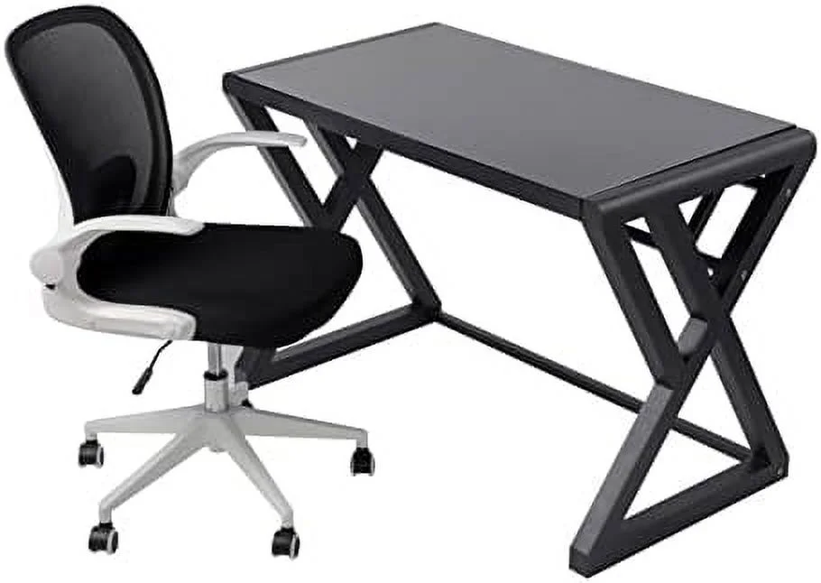 Office Desk and Chair Set  Breathable Mesh Computer Chair and JOMA Glass Top Computer Desk with Metal Frame  Flip-Up Arms Foldable Backrest Rolling