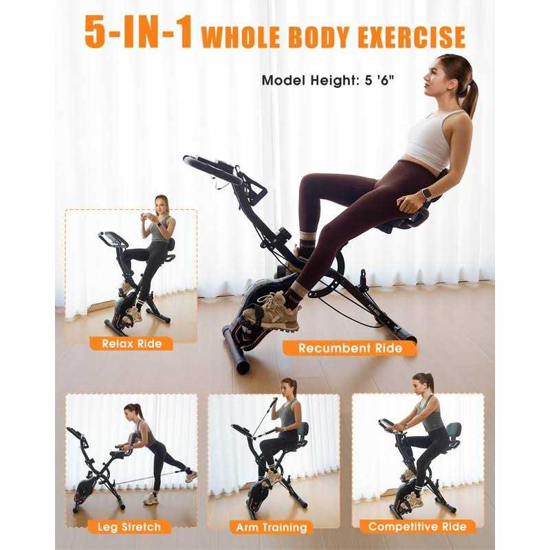 KALWOL Folding Exercise Bike 5-in-1 Foldable Stationary Bike Upgraded 16-level Magnetic Resistance 10DB Near-silent Bike Upright Indoor Exercise Bike