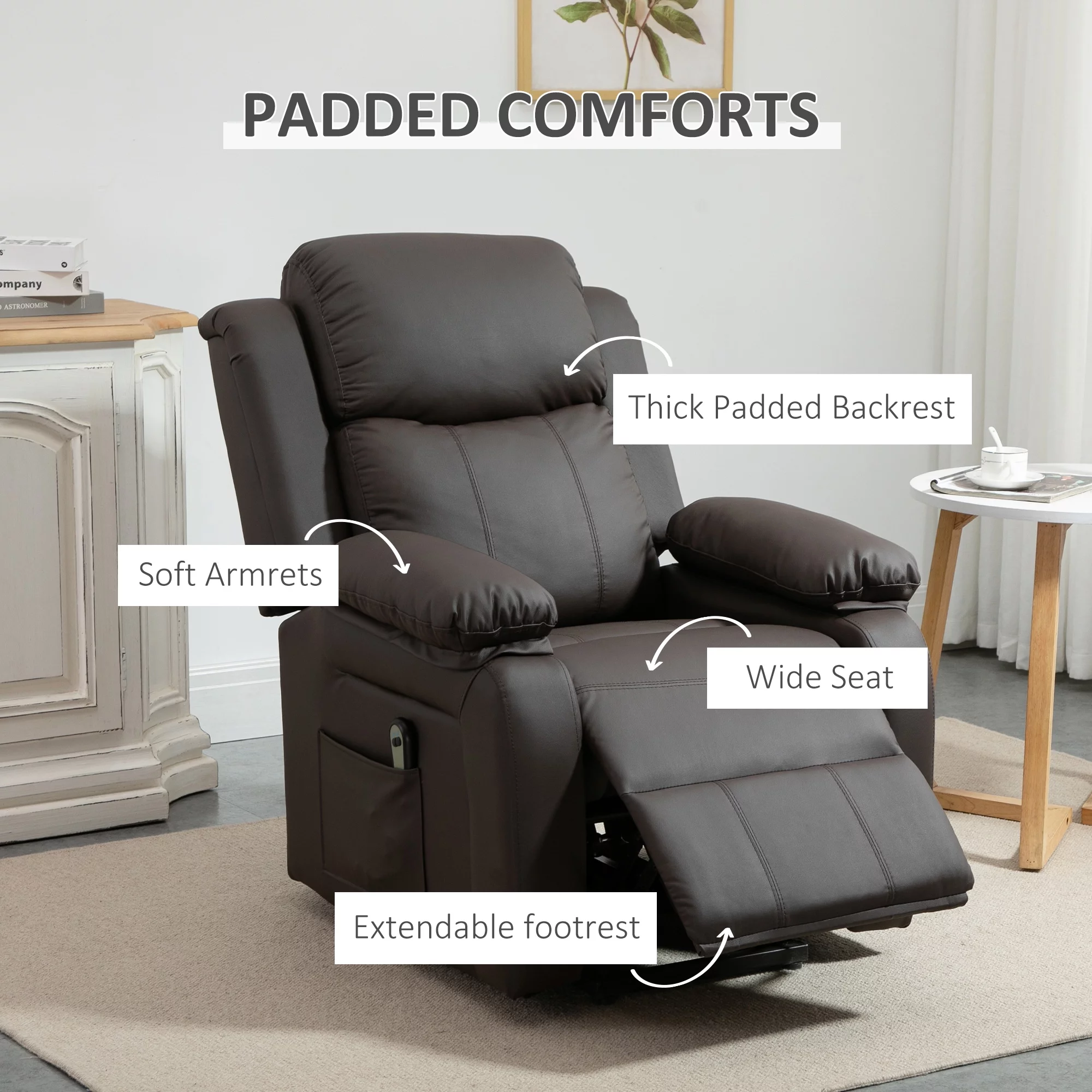 HOMCOM Living Room Power Lift Chair, PU Leather Electric Recliner Sofa Chair for Elderly with Remote Control, 3 Positions, Side Pockets