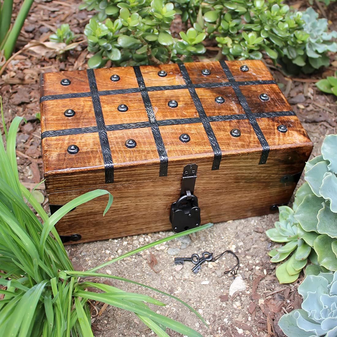 Nautical Cove Treasure Chest Wooden Box with Antique Iron Lock and Skeleton Key - Storage and Decor (Medium 12.25 x 6 x 5.5)