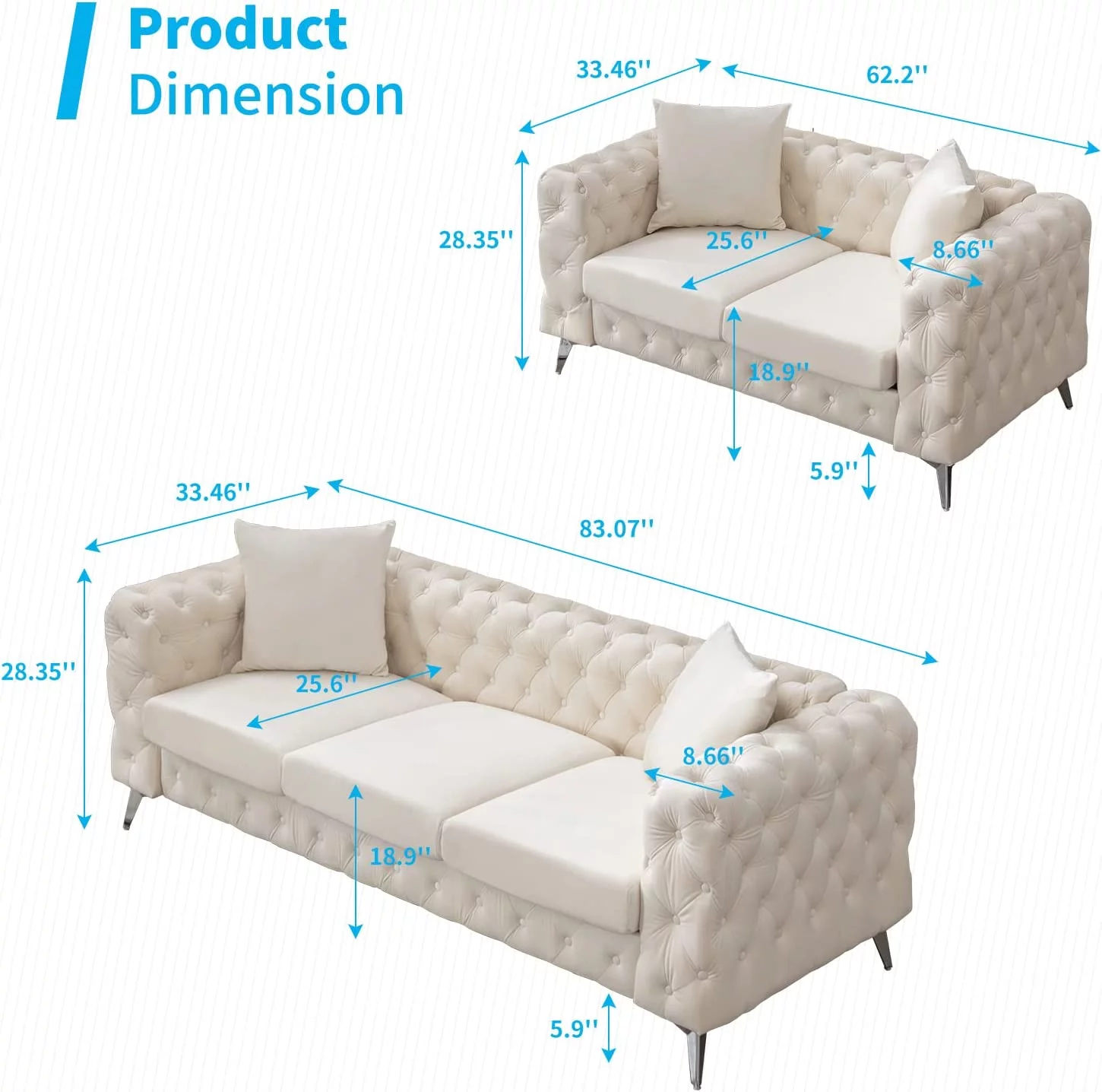 Mjkone Sofa Couches Set for Living Room, Modern 2 Pieces Sofa Set with Deep Button Tufted