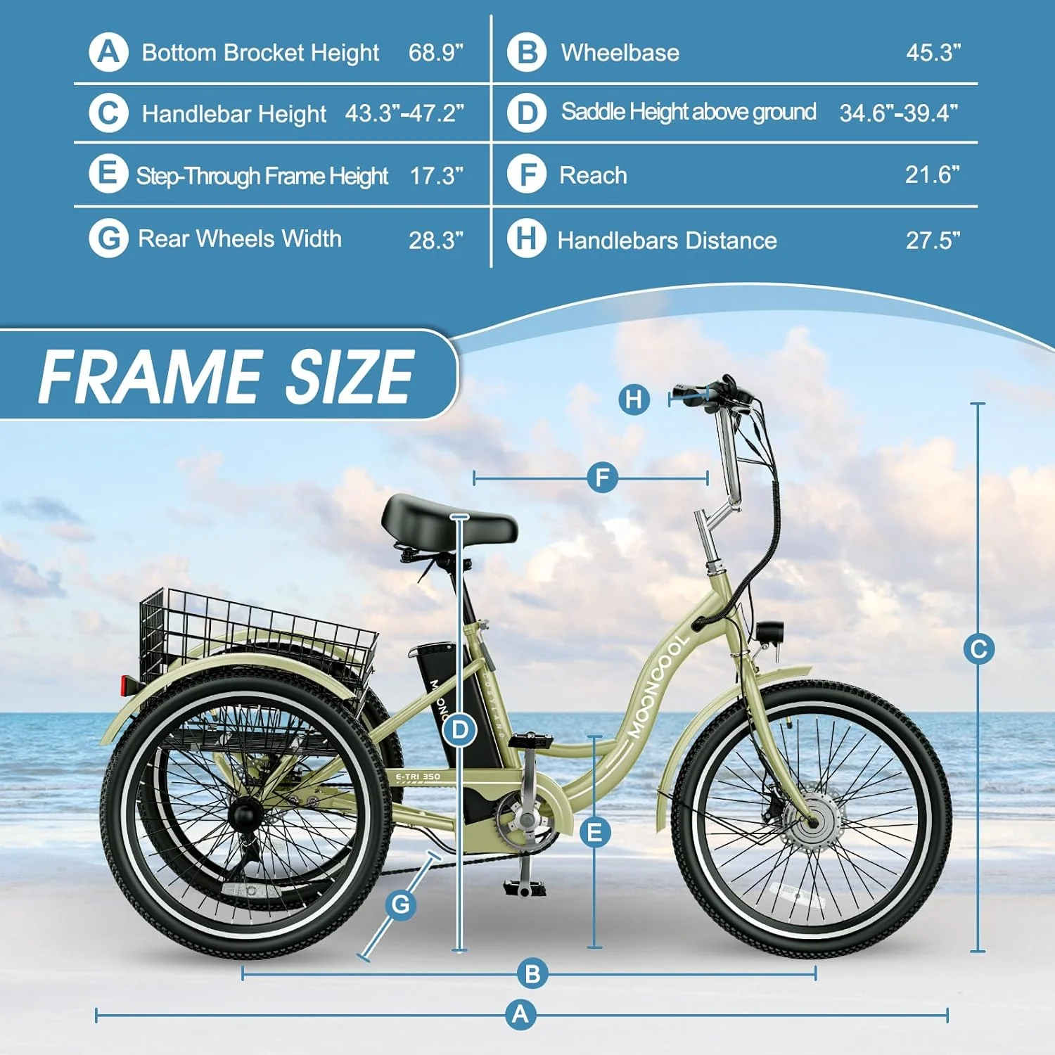 MOONCOOL 350W Motorized Electric Trike, 7 Speed 3 Wheel Electric Bicycle with 36V 14.5Ah Lithium Battery UL Certified