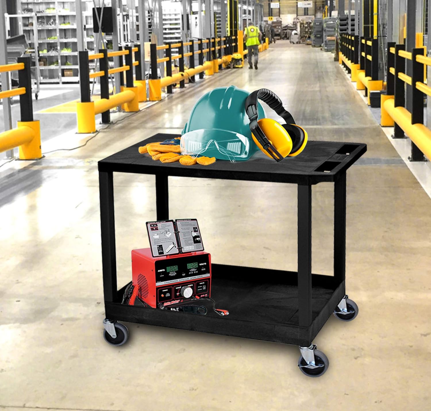 Offex 32 x 18 Mobile Heavy-Duty Multipurpose Utility Cart with One Tub and One Flat Shelf, Push Handle - Black, Great for Garage, Shop or Storage Area