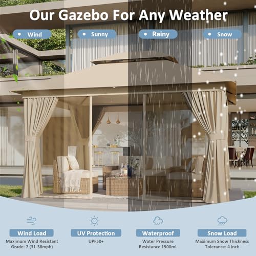 Aoxun 10'x12' Outdoor Patio Gazebo, Heavy Duty Party Tent with Wind-Resistant Ropes