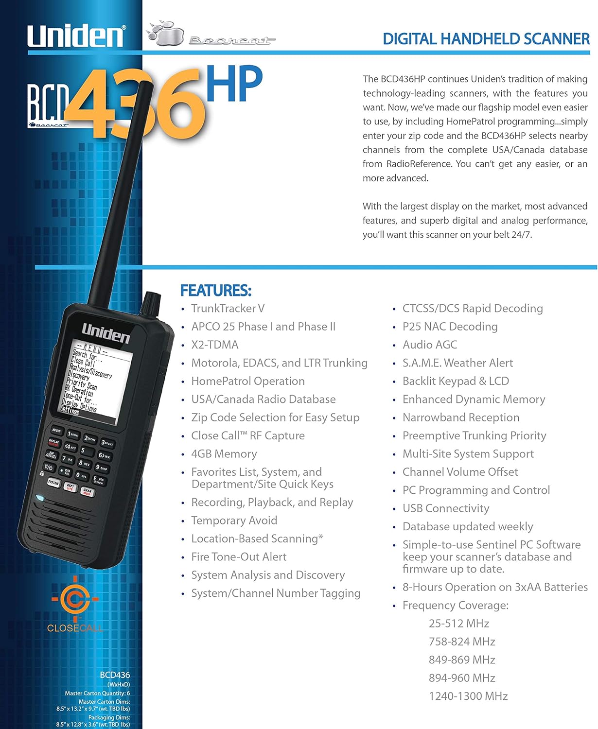 Uniden BCD436HP HomePatrol Series Digital Handheld Scanner. TrunkTracker V, Simple Programming, S.A.M.E. Emergency/Weather Alert