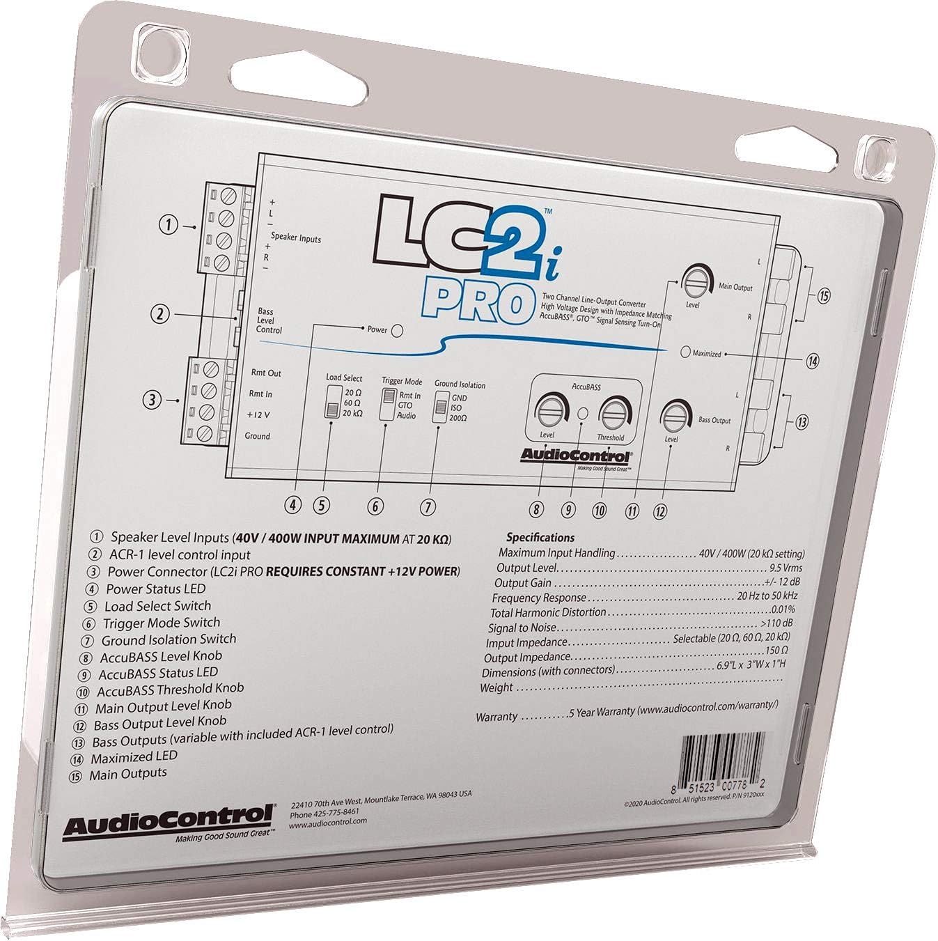 AudioControl LC2i PRO 2-Channel Line Output Converter with Impedance Matching, AccuBASS with 2-Channel Interconnect Cable