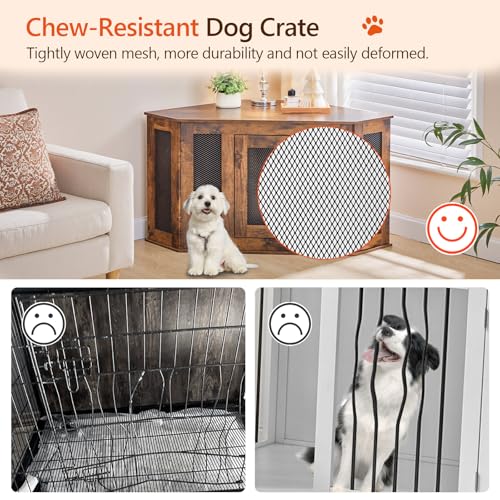 Corner Dog Crate Furniture, Wooden Dog Kennel End Table, Decorative Pet Crate Indoor Use, Furniture Style Dog House for Small Medium Dog