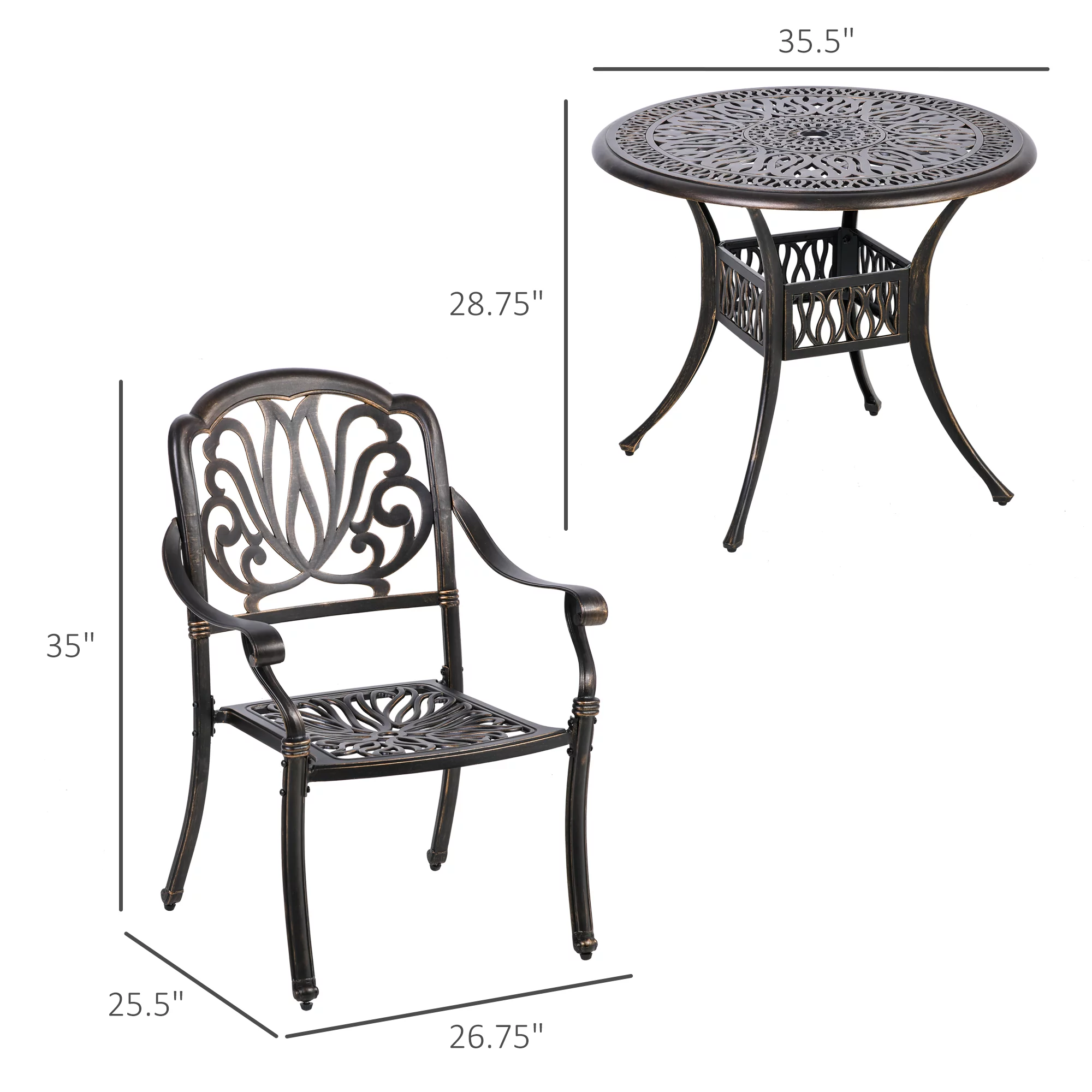 Outsunny Cast Aluminum Patio Dining Set for 4, Umbrella Hole, Bronze