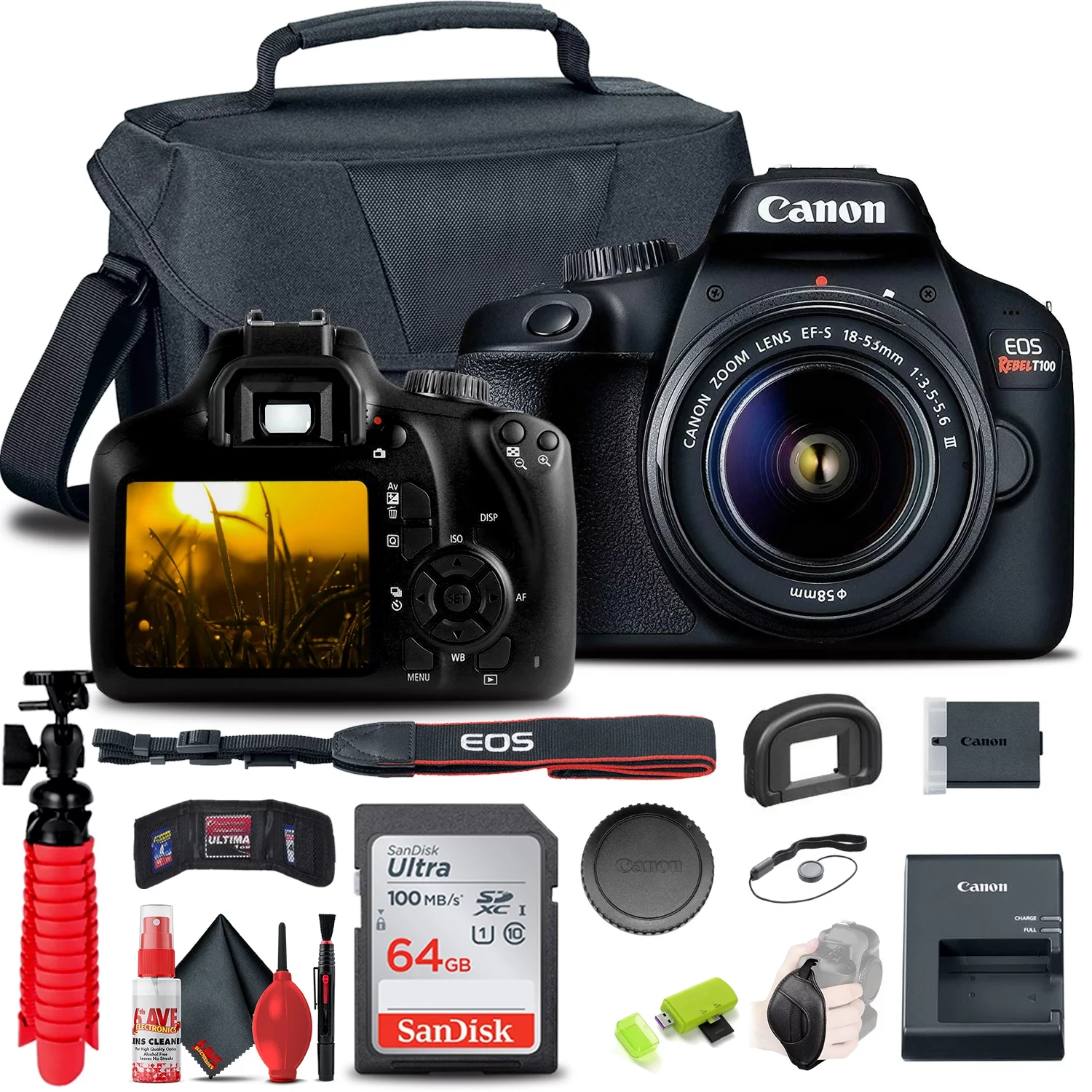 Canon EOS Rebel T100 / 4000D DSLR Camera with 18-55mm Lens + 64GB Memory Card + Case + Card Reader + Flex Tripod + Hand Strap + Cap Keeper + Memory