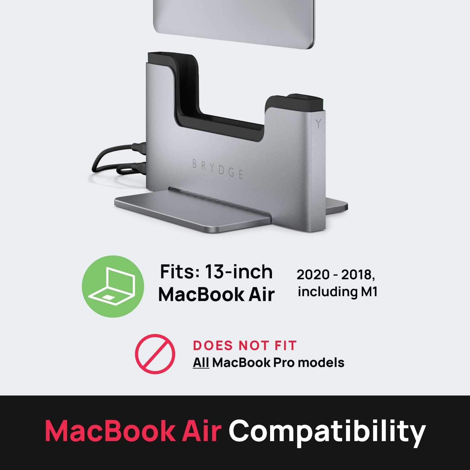 Brydge Space-Saving Laptop Stand | Vertical Docking Station | Compatible with 13-inch MacBook Air (2021-2018) | 2 x Thunderbolt 3 Ports | (Space Gray)