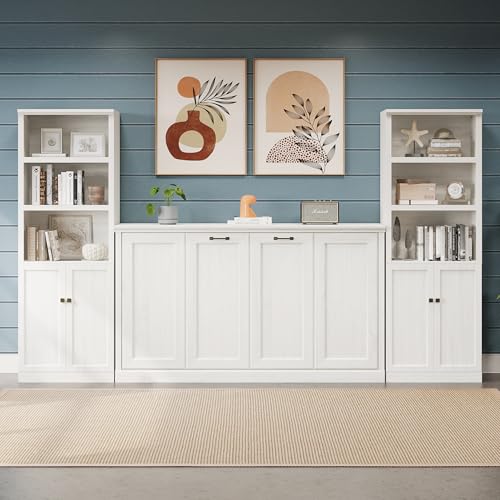SOFTSEA Twin Size Murphy Bed with 2 Side Cabinet Storage Shelf, Horizontal Murphy Bed with Bookcase