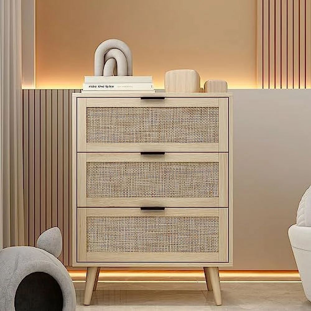 TJUNBOLIFE 3 Drawer Dresser Chests for Bedroom  3 Drawer Nightstand   Rattan Small Dresser Cabinet of 3 Drawers with Solid Wood Legs &amp