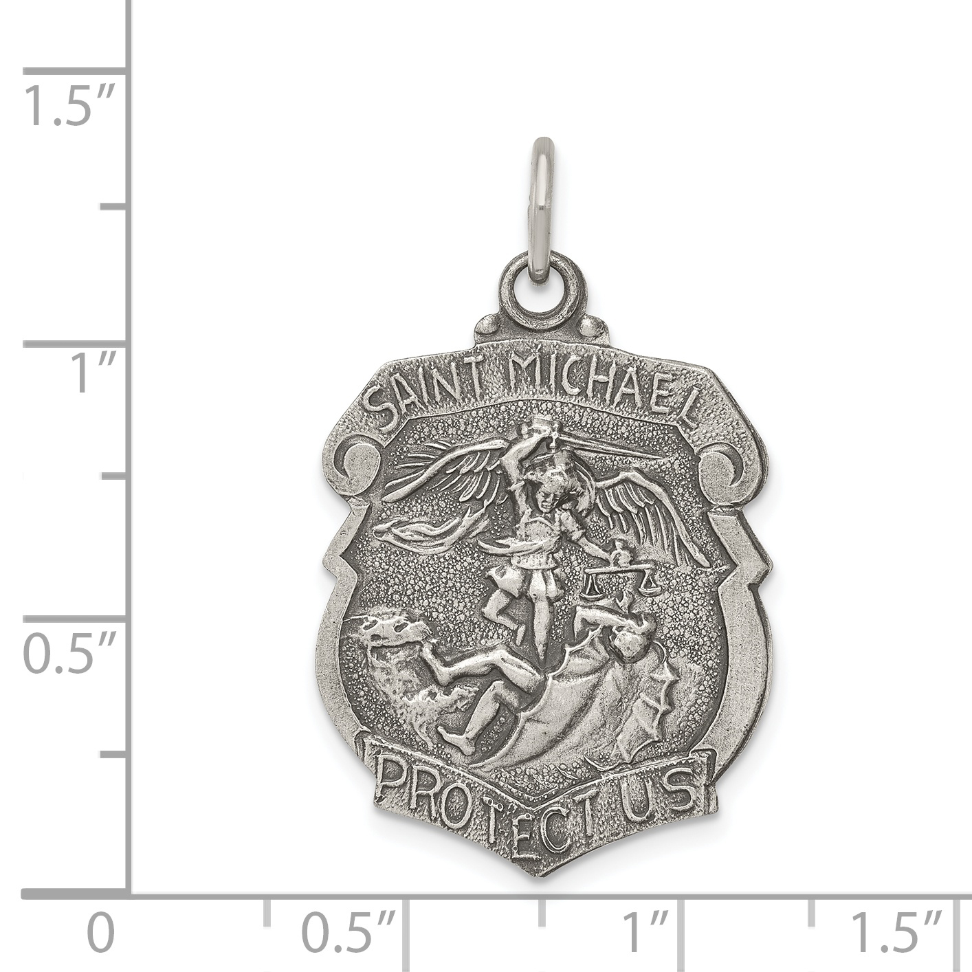 Carat in Karats Sterling Silver Antiqued St. Michael Badge Medal Pendant (31mm x 21mm) With Sterling Silver Rope Chain Necklace 18''