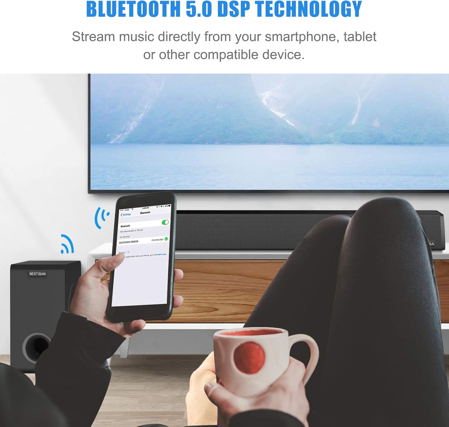 BESTISAN Powered Subwoofer, 6.5’’ Bluetooth 5.0 Home Audio Subwoofer, Deep Bass Response Subwoofers in Compact Design