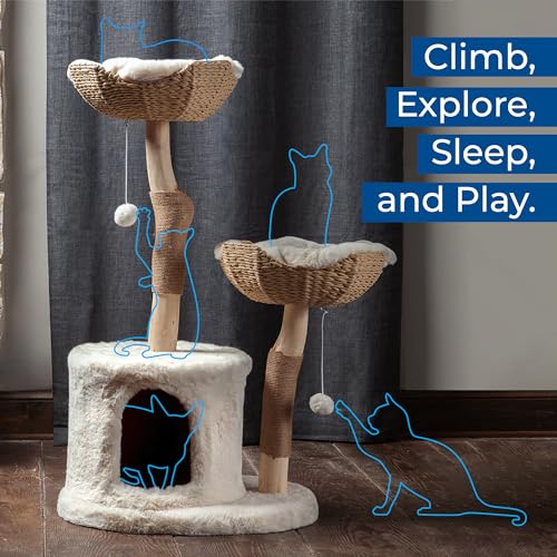 The Sanctuary Cat Tree - Luxury Cat Condo, Large Modern Indoor Tower with 3 Faux Fur Beds, Scratching Posts, and Toys for Cats