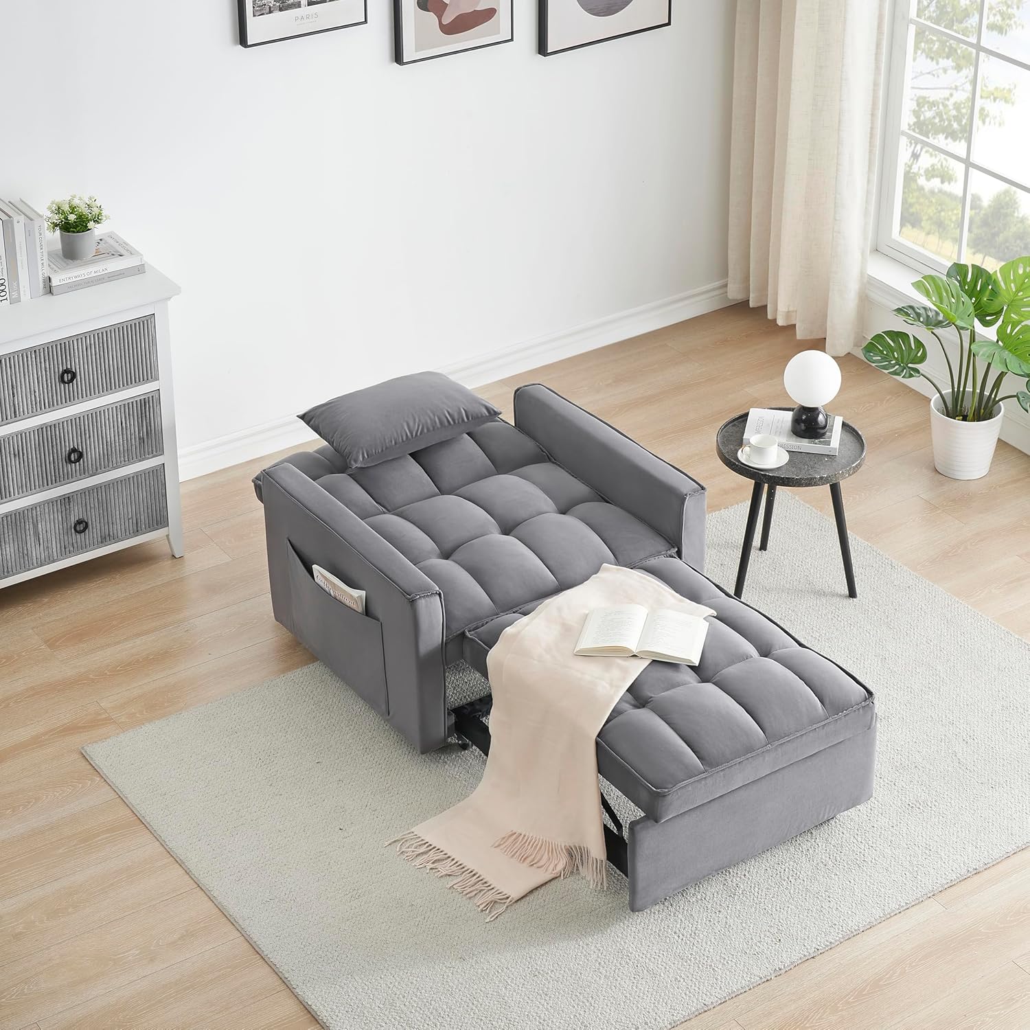 bed8 35" Twin Size Pull 3 in 1 Convertible Sleeper Chair, Velvet Reading Armchair, Futon Recliner, Foldable Chaise Lounge Sofa with Pullout Bed