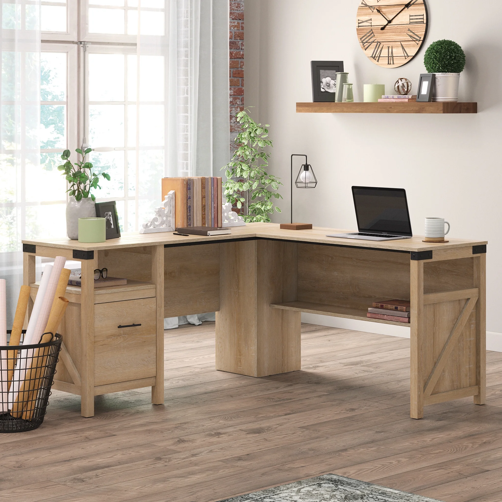 Sauder Saddler Way L-Shape Computer Desk with File Drawer, Orchard Oak Finish