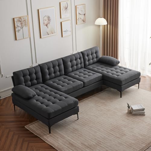 Karl home Convertible Sectional Sofa 110" U-Shape Sofa Couch 4-Seat Couch with Chaise ChenilleFabric Upholstered for Living Room, Apartment, Office