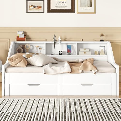 Merax Twin to King Daybed with Storage Bookcases and Two Drawers, Wood Bed Frame with Trundle and USB Charging Design for Bedroom, Guest Room