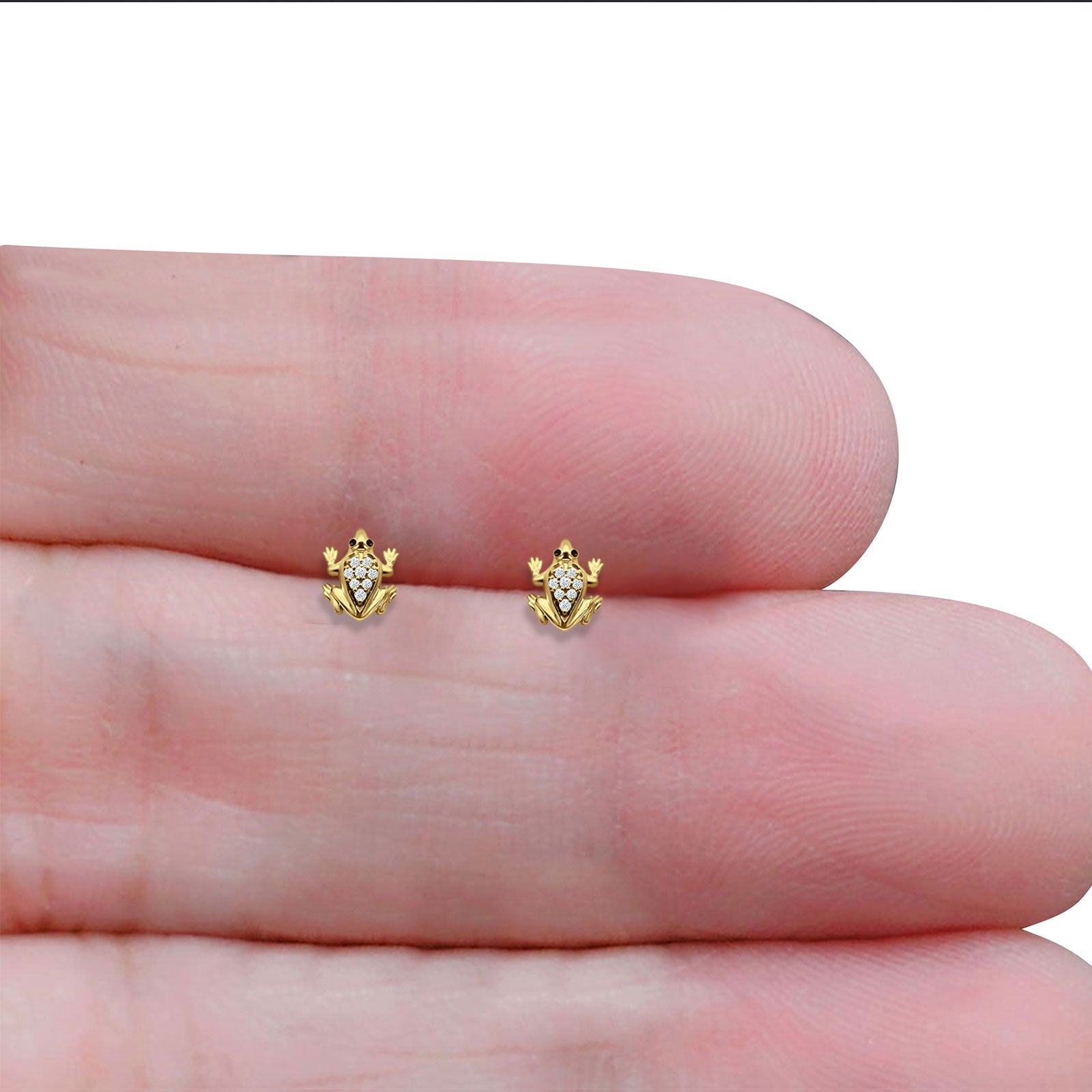 14K Yellow Gold Dainty Cute Animal Jewelry Diamond 0.08ct Frog Stud Earrings