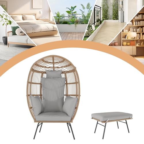 Oversized Wicker Egg Chair with Ottoman, Patio Lounge Chairs with Thick Cushion, Rattan Egg Basket with Steel Frame for Indoor/Outdoor, Porch