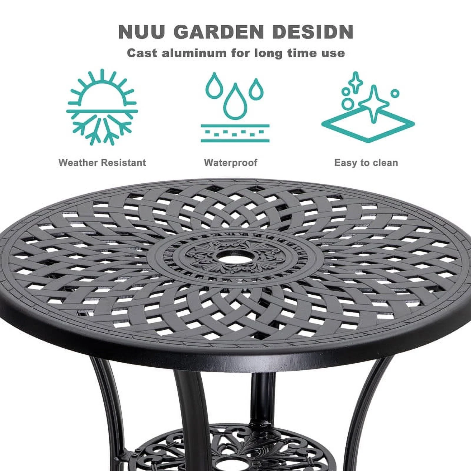 Nuu Garden 3 Piece Aluminum Patio Bistro Set with Umbrella Hole, All-Weather Rust-Resistant Outdoor Patio Bistro Furniture Set,Black