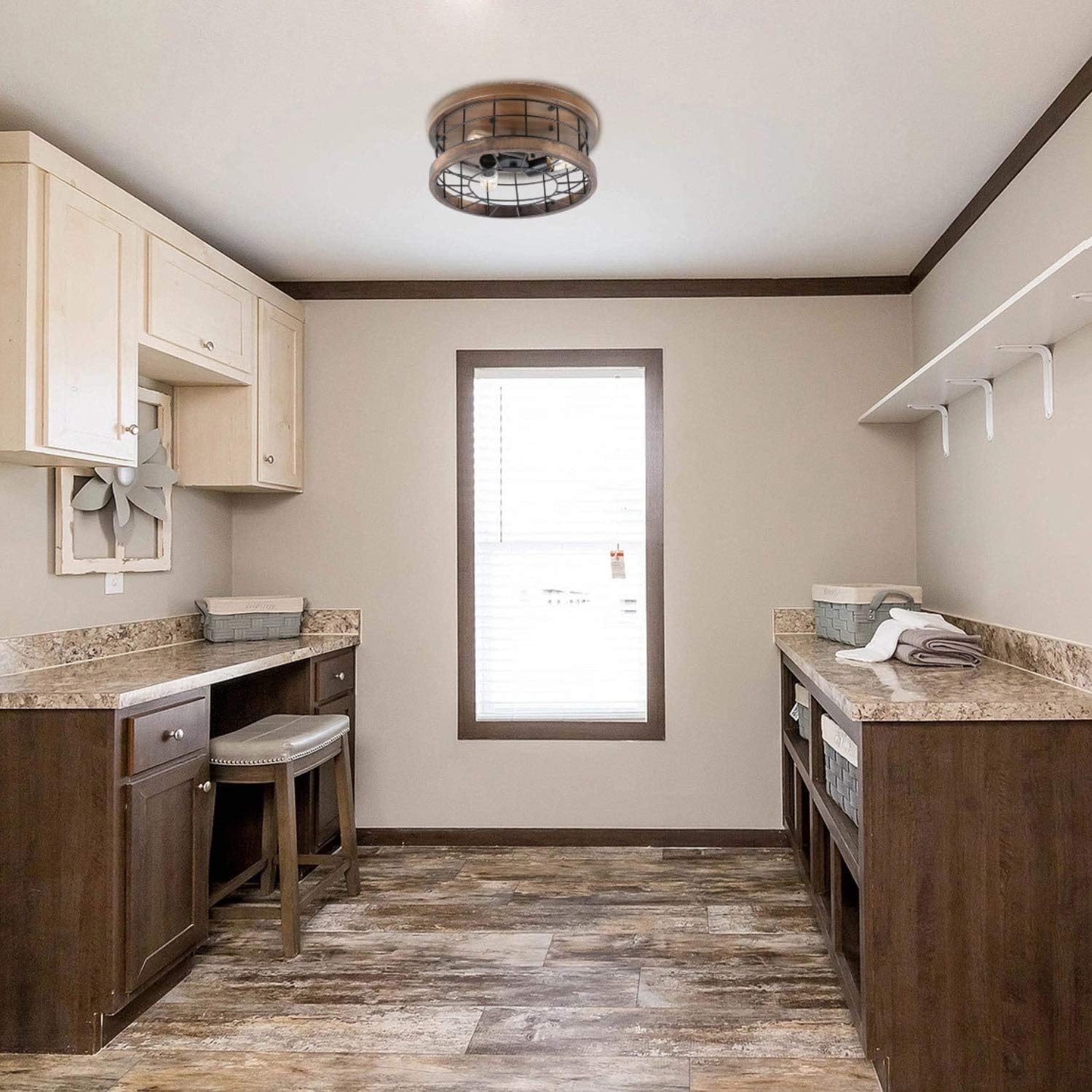 Anmytek Ceiling Light Fixture Rustic Chandelier Flush Mount Ceiling Light Excellent Metal Wood Frame Cage Industrial Pendant Lighting Brown Finishing