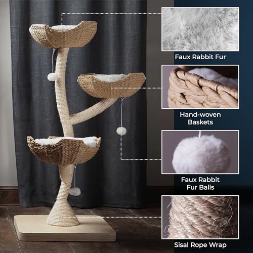 The Sanctuary Cat Tree - Luxury Cat Condo, Large Modern Indoor Tower with 3 Faux Fur Beds, Scratching Posts, and Toys for Cats