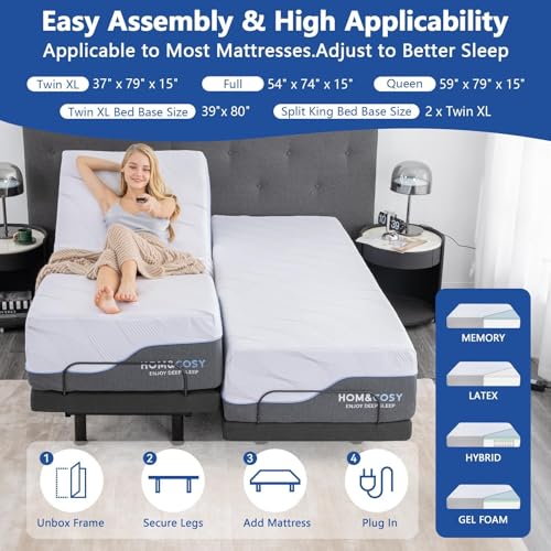 Split King Adjustable Bed Frame with Mattress, 12 Inch Grey Gel Memory Foam Medium-Firm Mattress in Box